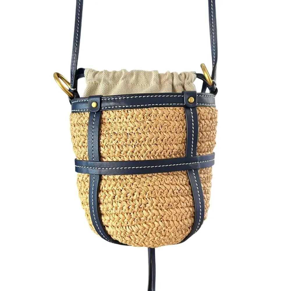 Tory Burch Miller Straw Bucket Bag Natural Navy Crossbody Purse Leather Trim - Picture 5 of 12